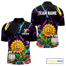 Load image into Gallery viewer, Colorful sunflower bowling quarter zip shirt for men designed for league tournaments and team events.
