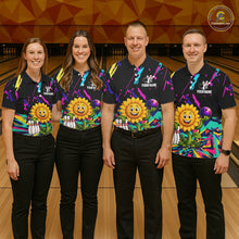Load image into Gallery viewer, Bowling team wearing matching colorful sunflower bowling jerseys during tournament matches front view.