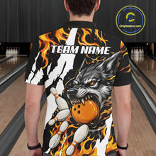 Load image into Gallery viewer, Man wearing personalized orange flame wolf bowling team jersey polo shirt featuring orange flame wolf artwork, back view.