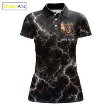 Load image into Gallery viewer, Personalized crown bowling ball lightning bowling team jersey polo shirt for women featuring a royal crown, bowling ball and lightning design, premium custom bowling league apparel for tournaments and league play.