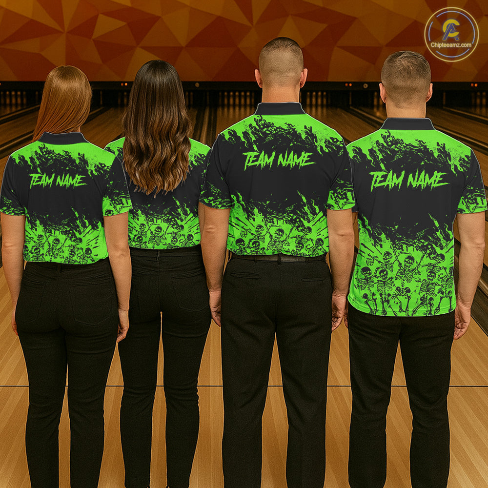 Black And Green Funny Skeleton Bowling Shirts For Men Custom Skull Bowling League Team Jersey TDM7253
