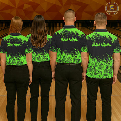 Black And Green Funny Skeleton Bowling Shirts For Men Custom Skull Bowling League Team Jersey TDM7253