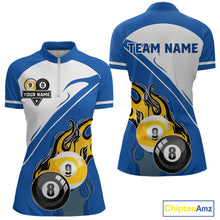 Load image into Gallery viewer, White And Blue 8 Ball &amp; 9 Ball Flame Billiard Shirt For Women Custom Pool Team Jersey Polo &amp; 1/4 Zip TDM6345