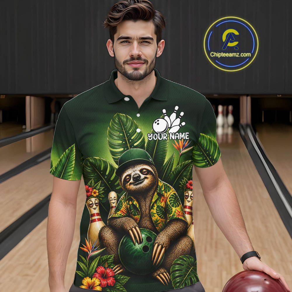 Custom Green Funny Sloth Tropical Bowling Shirts For Men, Bowling Team Jersey Polo & 1/4 Zip TDM6529