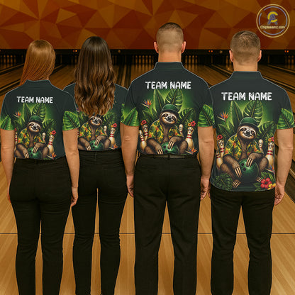 Custom Green Funny Sloth Tropical Bowling Shirts For Men, Bowling Team Jersey Polo & 1/4 Zip TDM6529