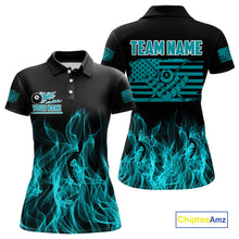 Load image into Gallery viewer, Turquoise Flaming American Flag Women's Billiard Shirt Custom Patriotic Pool Player Billiard Jersey TDM4194