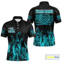 Load image into Gallery viewer, Turquoise Flaming American Flag Men's Billiard Shirt Custom Patriotic Pool Player Billiard Jersey TDM4194