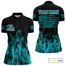 Load image into Gallery viewer, Turquoise Flaming American Flag Women's Billiard Shirt Custom Patriotic Pool Player Billiard Jersey TDM4194