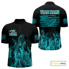Load image into Gallery viewer, Turquoise Flaming American Flag Men's Billiard Shirt Custom Patriotic Pool Player Billiard Jersey TDM4194