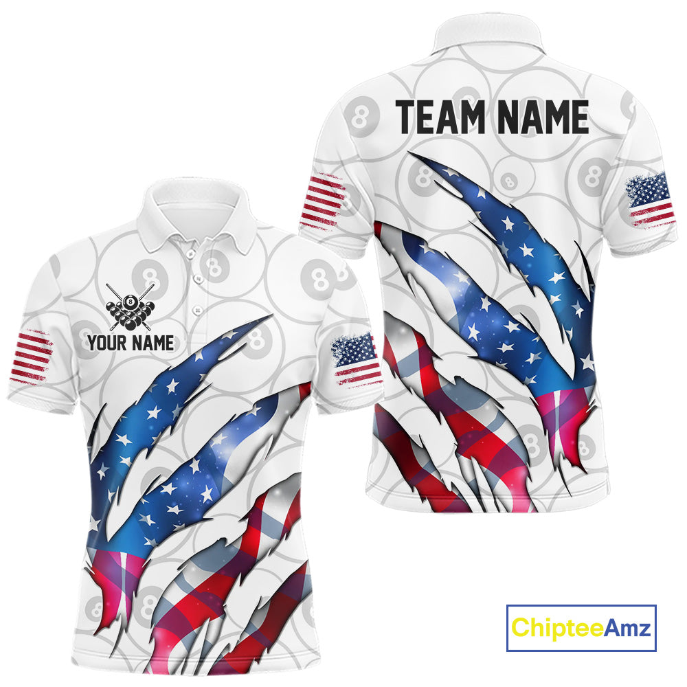 Custom Glowing American Flag 8 Ball Billiard Shirt For Men, Patriotic Billiard Team Jerseys |White TDM4596