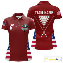 Load image into Gallery viewer, Personalized US Flag 8 Ball Pool Billiard Shirt For Women, Billiard Team Jersey Polo &amp; 1/4 Zip |Red TDM5477