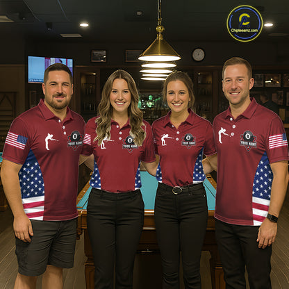 Personalized US Flag 8 Ball Pool Billiard Shirt For Men, Billiard Team Jersey Polo & 1/4 Zip |Red TDM5477