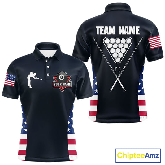 Custom US Flag 8 Ball Pool Billiard Shirt For Men, Billiard Team Jersey Polo & 1/4 Zip |Navy Blue TDM5478