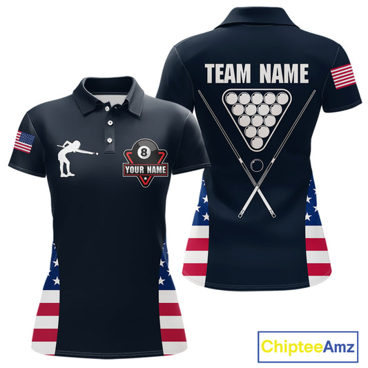 Custom US Flag 8 Ball Pool Billiard Shirt For Women, Billiard Team Jersey Polo & 1/4 Zip |Navy Blue TDM5478