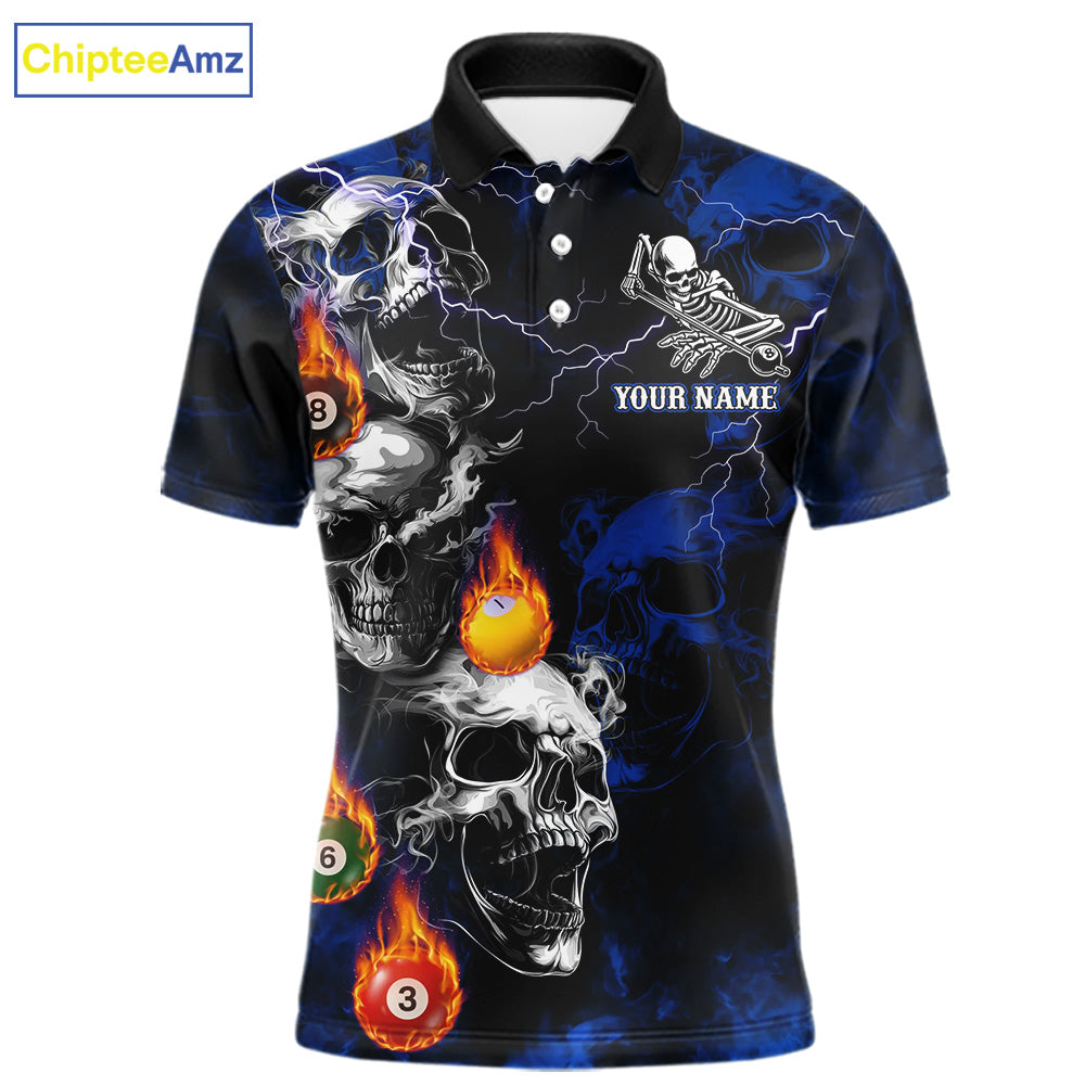 Personalized Smoke Skull Blue Billiard Shirts For Men, Grim Reaper Pool Jersey Team Polo & 1/4 Zip TDM5934