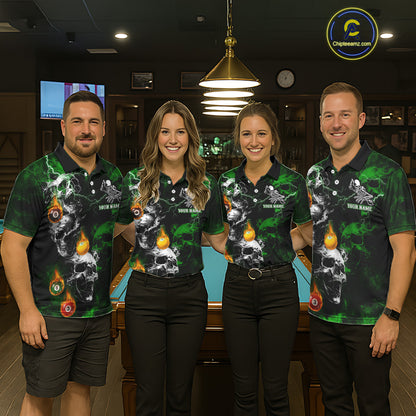 Personalized Smoke Skull Green Billiard Shirts For Women, Grim Reaper Pool Jersey Team Polo, 1/4 Zip TDM5935