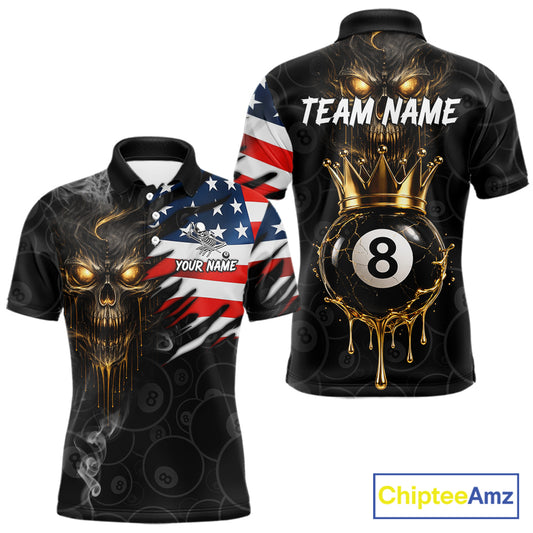 Billiard Skull 8 Ball Crown US Flag Polo & 1/4 Zip Pool Team Shirt For Men Custom Billiard Jersey TDM6353