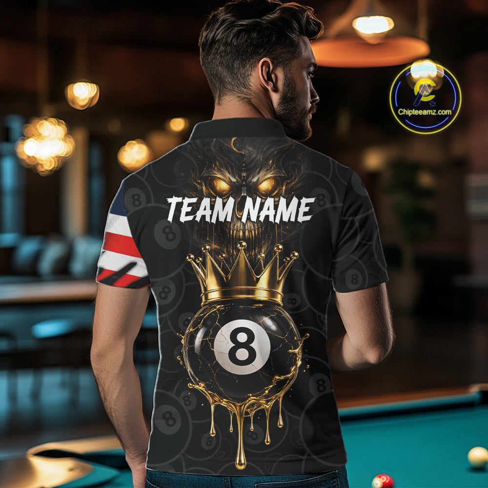 Billiard Skull 8 Ball Crown US Flag Polo & 1/4 Zip Pool Team Shirt For Men Custom Billiard Jersey TDM6353