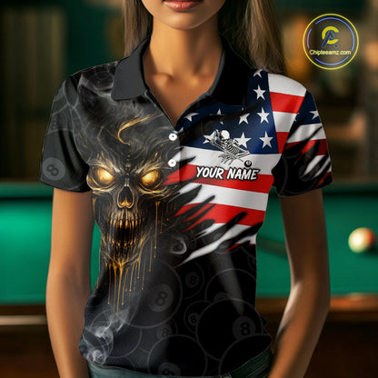 Billiard Skull 8 Ball Crown US Flag Polo & 1/4 Zip Pool Team Shirt For Women Custom Billiard Jersey TDM6353