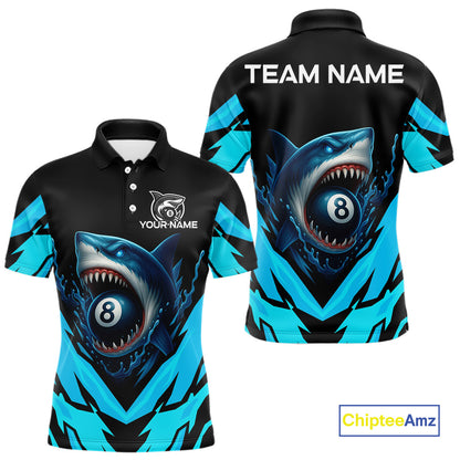 Personalized Blue 8 Ball Pool Billiard Shark Polo & 1/4 Zip For Men, Billiard Team Pool Jerseys TDM4013