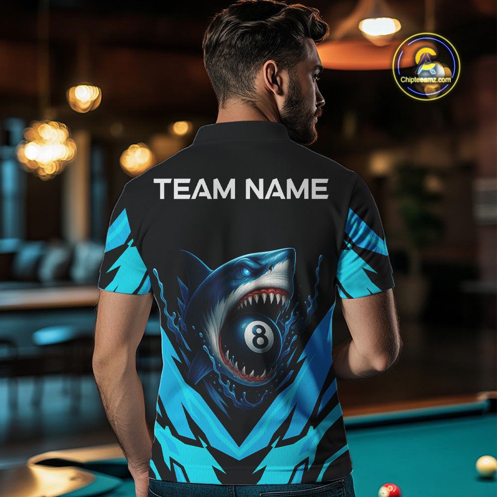 Personalized Blue 8 Ball Pool Billiard Shark Polo & 1/4 Zip For Men, Billiard Team Pool Jerseys TDM4013
