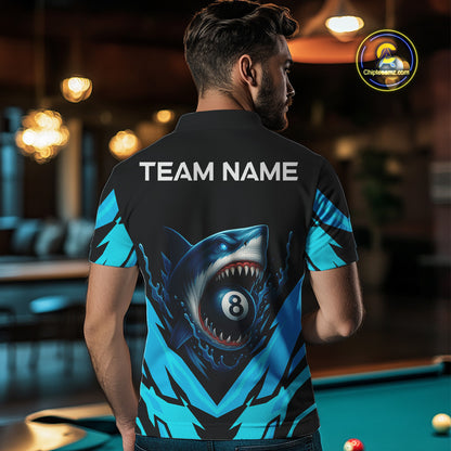 Personalized Blue 8 Ball Pool Billiard Shark Polo & 1/4 Zip For Men, Billiard Team Pool Jerseys TDM4013