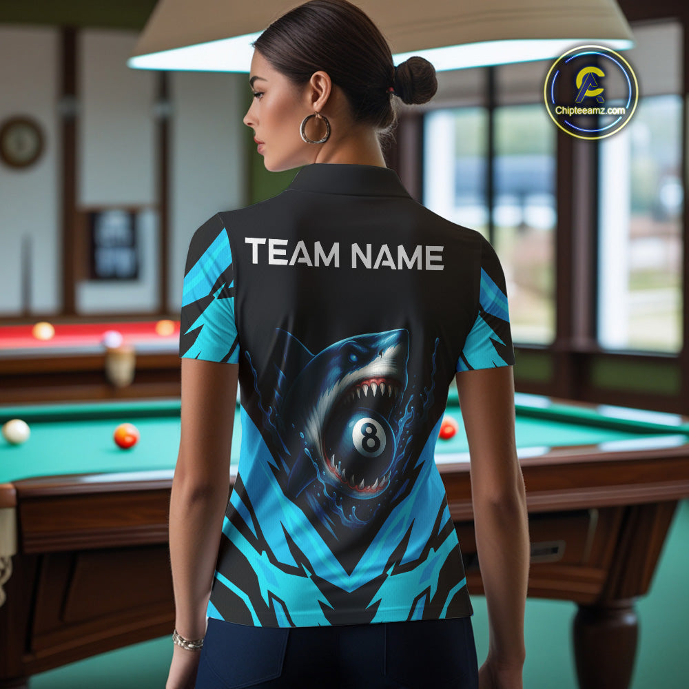 Personalized Blue 8 Ball Pool Billiard Shark Polo & 1/4 Zip For Women, Billiard Team Pool Jerseys TDM4013