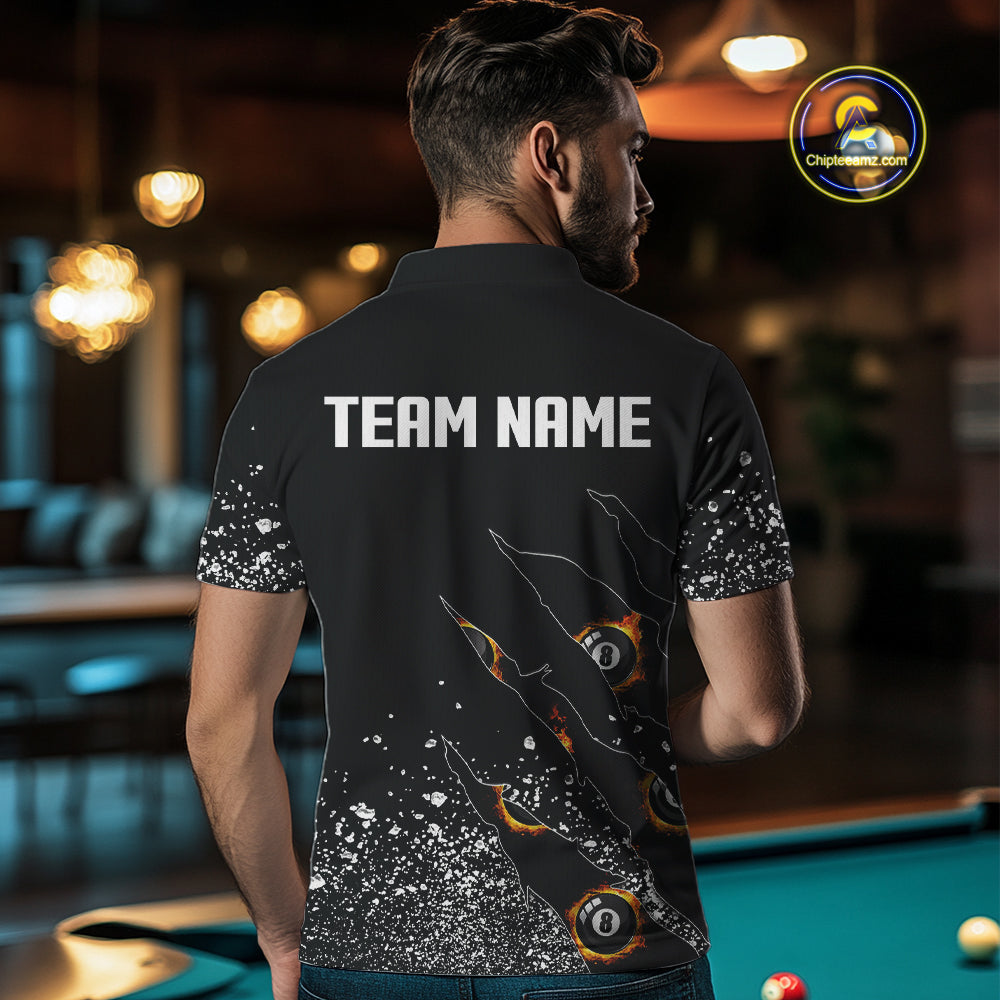 Custom 8 Ball Fire Black Grunge Billiard Shirts For Men, Billiard Team Shirts Pool Jerseys TDM4015