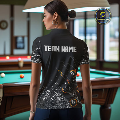 Custom 8 Ball Fire Black Grunge Billiard Shirts For Women, Billiard Team Shirts Pool Jerseys TDM4015