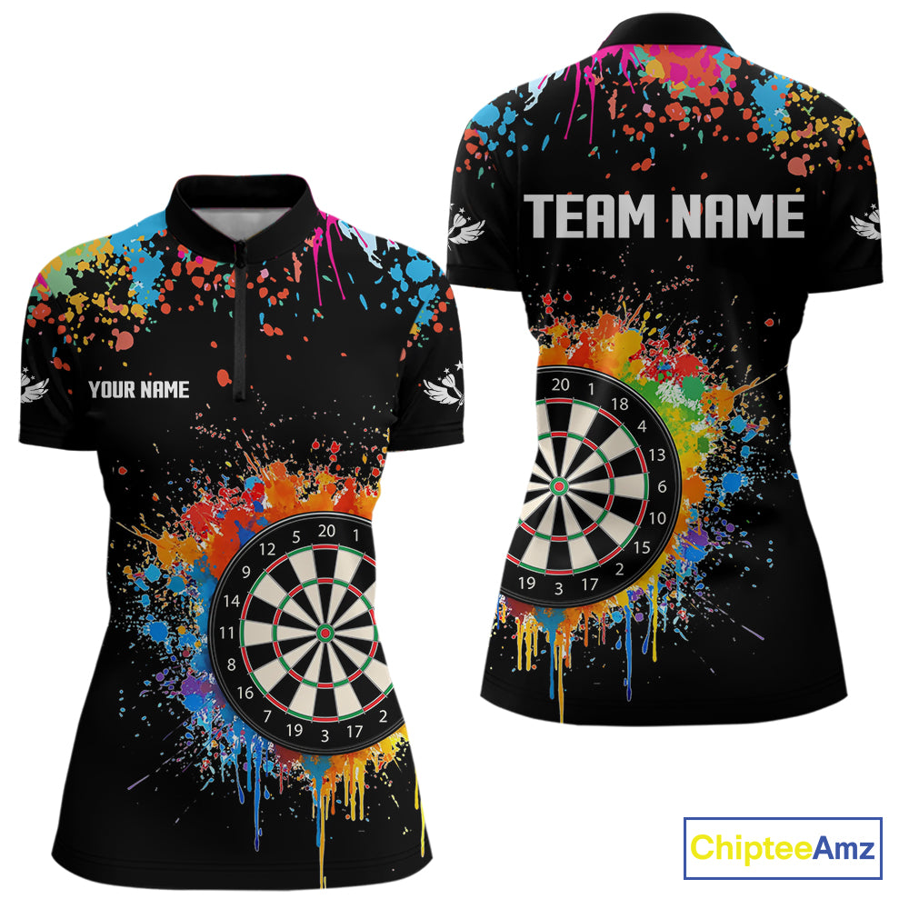 Funny Dartboard Colorful Paint Splash Custom Dart Shirts For Women, Darts Team Jerseys |Black TDM4016