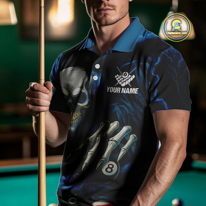 Personalized Blue Funny Skeleton Pool Balls Billiard Shirt For Men, Skull Billiard Team Jerseys TDM4368
