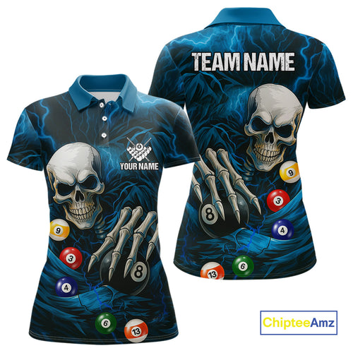 Personalized Blue Funny Skeleton Pool Balls Billiard Shirt For Women, Skull Billiard Team Jerseys TDM4368