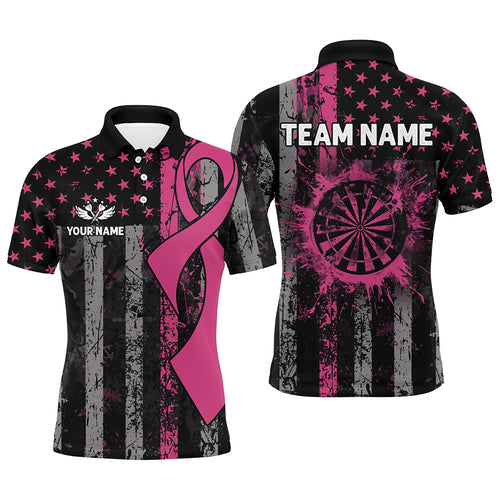 Custom Pink Ribbon Grunge American Flag Patriotic Darts Shirts For Men, Breast Cancer Darts Jerseys TDM2511