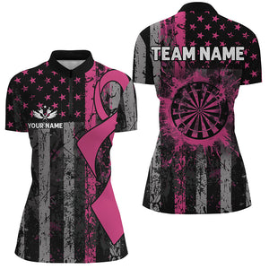 Custom Pink Ribbon Grunge American Flag Patriotic Darts Shirts For Women, Breast Cancer Darts Jerseys TDM2511