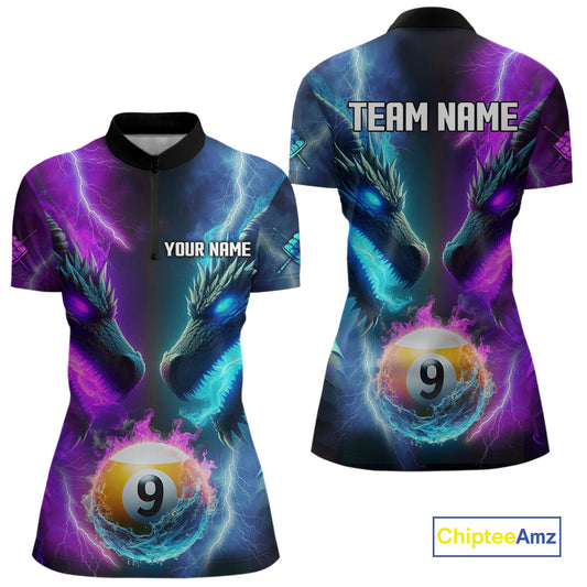 Purple And Blue Custom Dragon 9 Ball Pool Billiard Shirt For Women, Billiard Jersey Polo & 1/4 Zip TDM5233