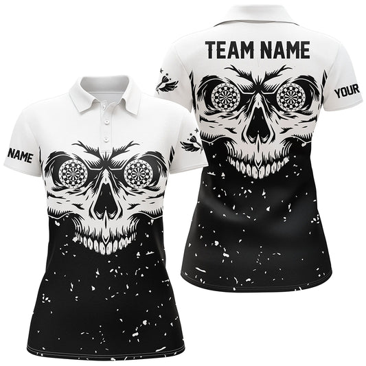 Custom Grunge Black White Skull Darts Women Polo Shirts, Personalized Team League Darts Shirts TDM1470