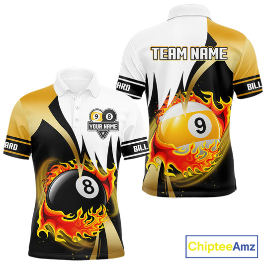 Custom Flame 8 Ball & 9 Ball Billiard Shirt For Men, Pool Team Jersey Polo & Quarter Zip |Gold TDM6539