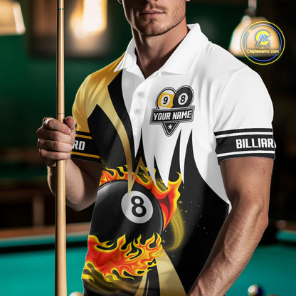 Custom Flame 8 Ball & 9 Ball Billiard Shirt For Men, Pool Team Jersey Polo & Quarter Zip |Gold TDM6539