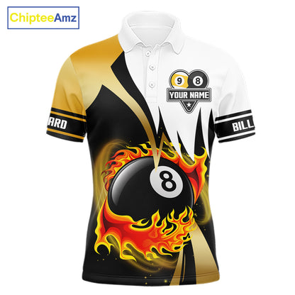 Custom Flame 8 Ball & 9 Ball Billiard Shirt For Men, Pool Team Jersey Polo & Quarter Zip |Gold TDM6539