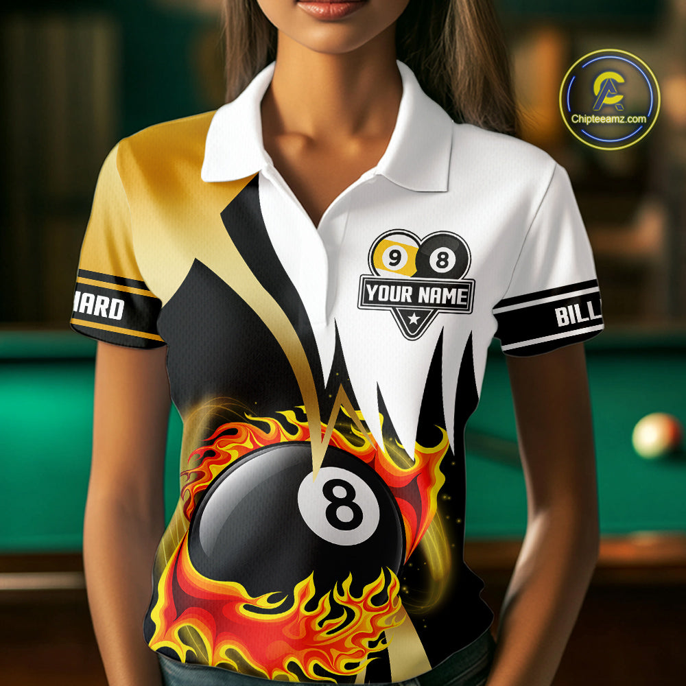 Custom Flame 8 Ball & 9 Ball Billiard Shirt For Women, Pool Team Jersey Polo & Quarter Zip |Gold TDM6539
