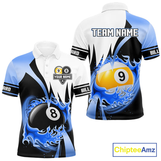 Custom Flame 8 Ball & 9 Ball Billiard Shirt For Men, Pool Team Jersey Polo & Quarter Zip |Blue TDM6540