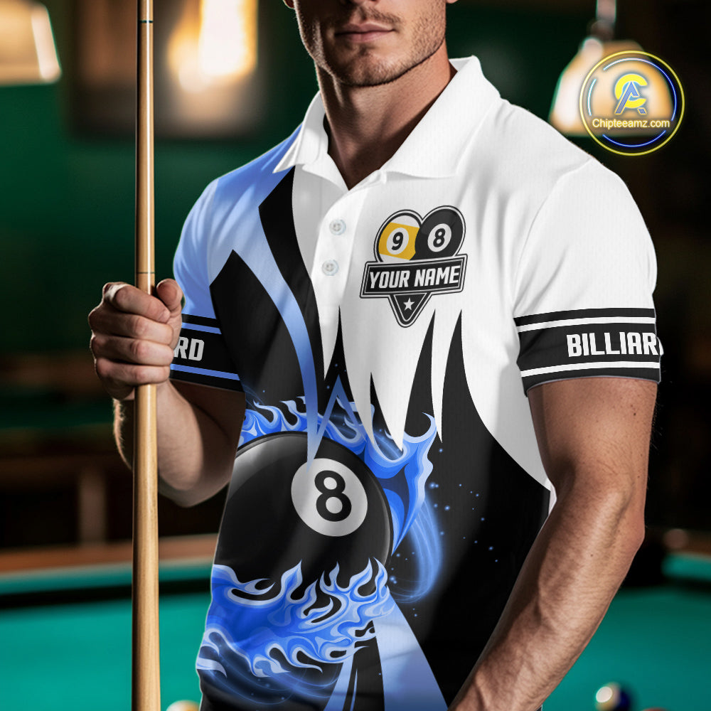 Custom Flame 8 Ball & 9 Ball Billiard Shirt For Men, Pool Team Jersey Polo & Quarter Zip |Blue TDM6540