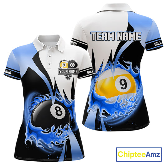 Custom Flame 8 Ball & 9 Ball Billiard Shirt For Women, Pool Team Jersey Polo & Quarter Zip |Blue TDM6540