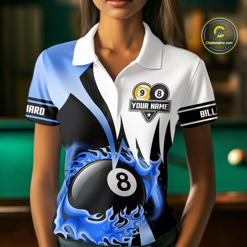 Custom Flame 8 Ball & 9 Ball Billiard Shirt For Women, Pool Team Jersey Polo & Quarter Zip |Blue TDM6540