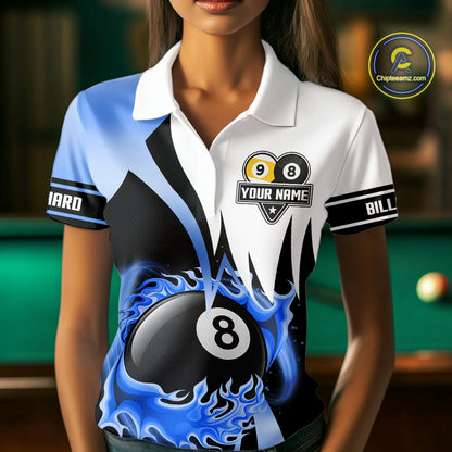 Custom Flame 8 Ball & 9 Ball Billiard Shirt For Women, Pool Team Jersey Polo & Quarter Zip |Blue TDM6540