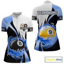 Load image into Gallery viewer, Custom Flame 8 Ball &amp; 9 Ball Billiard Shirt For Women, Pool Team Jersey Polo &amp; Quarter Zip |Blue TDM6540