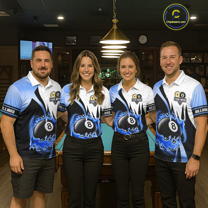Custom Flame 8 Ball & 9 Ball Billiard Shirt For Men, Pool Team Jersey Polo & Quarter Zip |Blue TDM6540