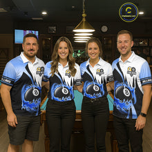 Load image into Gallery viewer, Custom Flame 8 Ball &amp; 9 Ball Billiard Shirt For Men, Pool Team Jersey Polo &amp; Quarter Zip |Blue TDM6540