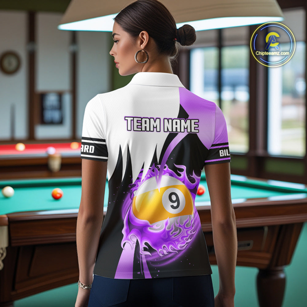 Custom Flame 8 Ball & 9 Ball Billiard Shirt For Women, Pool Team Jersey Polo & Quarter Zip |Purple TDM6541