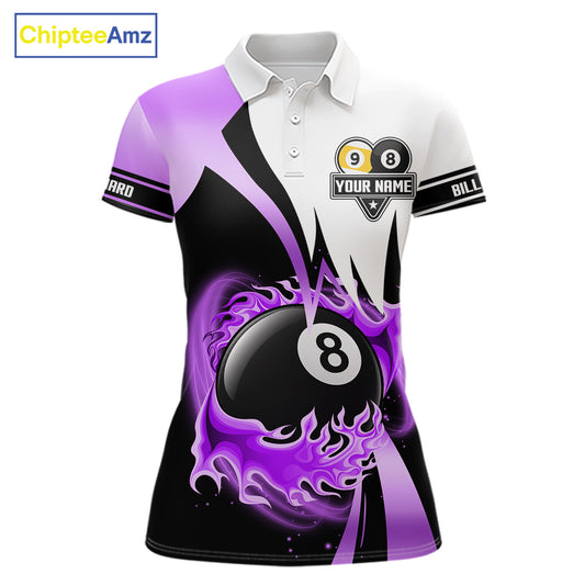 Custom Flame 8 Ball & 9 Ball Billiard Shirt For Women, Pool Team Jersey Polo & Quarter Zip |Purple TDM6541